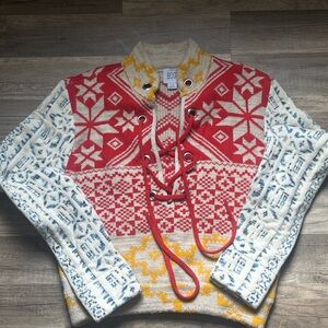 BDG Red, Cream & Blue Nordic Lace-Up Sweater with Yellow Accents